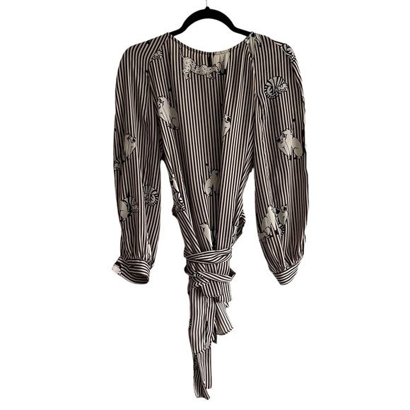 (SOLD) ZARA Collarless Button Front Striped Blouse Cat Print Belt Black Cream L - Picture 6 of 7
